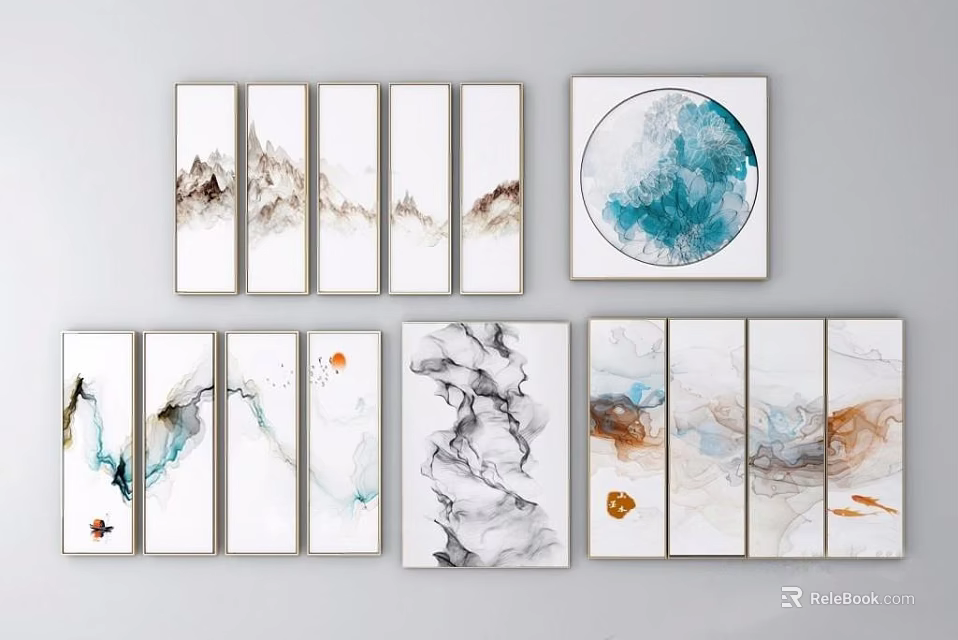 Modern Abstract Landscape Paintings Multi Panel And Circular Frame Blue White Orange Tones 3d model