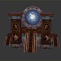 Ornate Fantasy Gate With Circular Blue Glowing Orb Red Pillars And Decorative Stairs