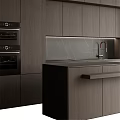 Modern Dark Kitchen Cabinets With Sleek Marble Countertop And Red Faucet Design