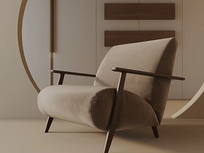 Modern Upholstered Leisure Chair With Wooden Armrest And Curved Back Design 3d model