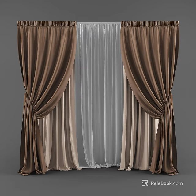 Dark Brown Draped Curtains With White Sheer Layer For Home Decor 3d model