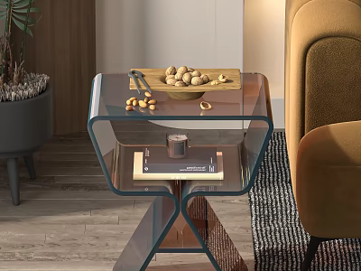 Modern Glass Top Storage Shelf With Copper Frame And Nuts Cup On Wooden Floor 3d model