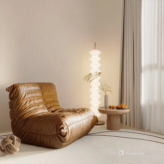 Brown Leather Bean Bag Chair Living Room Interior With Floor Lamp Side Table Fruits Plant 3d model 