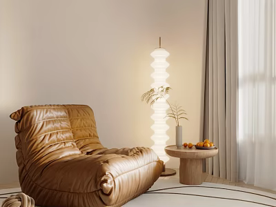 Brown Leather Bean Bag Chair Living Room Interior With Floor Lamp Side Table Fruits Plant 3d model