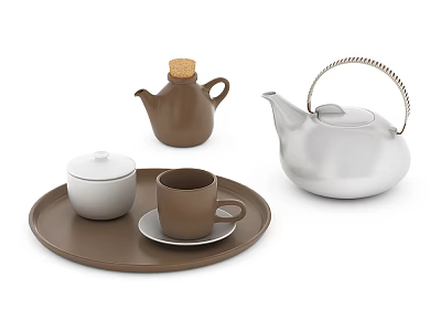 Tea Set with Brown Tray White Lidded Jar Brown Cup Brown Pot and Silver Teapot 3d model