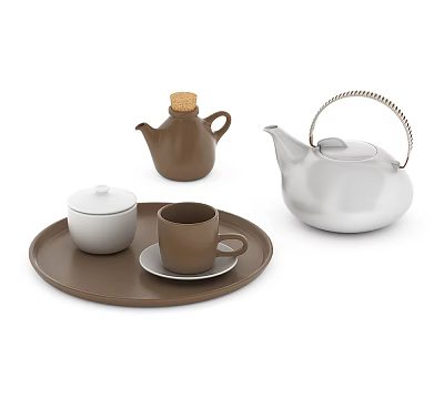 Tea Set with Brown Tray White Lidded Jar Brown Cup Brown Pot and Silver Teapot 3d model