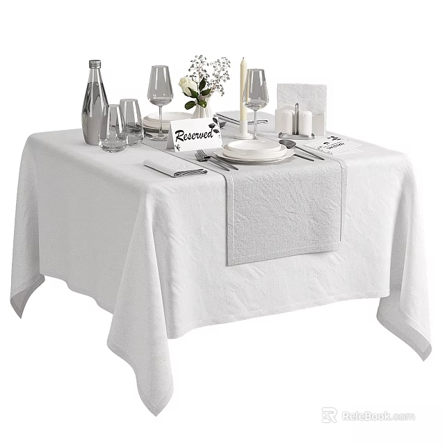 Elegant Dinnerware Set with Plates Glassware Reserved Sign and Flower Vase on White Tablecloth 3d model 