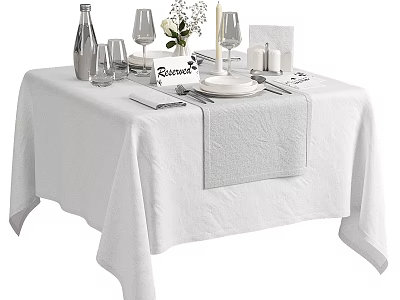 Elegant Dinnerware Set with Plates Glassware Reserved Sign and Flower Vase on White Tablecloth 3d model