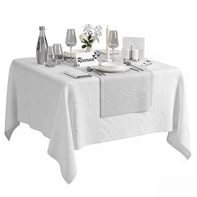 Elegant Dinnerware Set with Plates Glassware Reserved Sign and Flower Vase on White Tablecloth 3d model