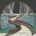 Curved Modern Landscape Bridge With Pink Structure And White Cables Over Water 3d model