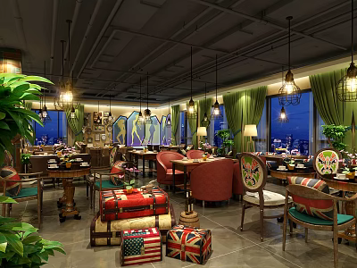 Cozy Café Interior Design With Comfortable Seating Hanging Lights And Green Plants 3d model