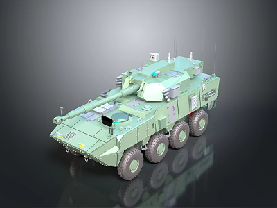 Green Armored Military Vehicle With Six Wheels Antennas And Weapon Systems 3d model