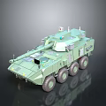 Green Armored Military Vehicle With Six Wheels Antennas And Weapon Systems