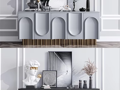 Gray Arched Entryway Console Table with Golden Legs and Side Cabinet Decorated with Sculptures Vase 3d model