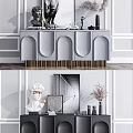 Gray Arched Entryway Console Table with Golden Legs and Side Cabinet Decorated with Sculptures Vase