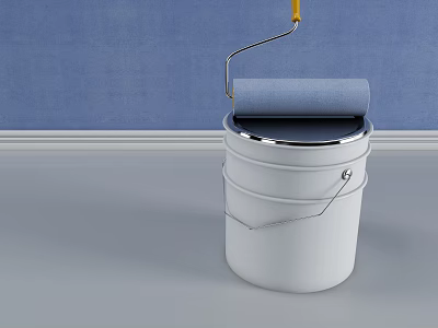 White Industrial Paint Bucket With Roller Brush For Professional Coating 3d model