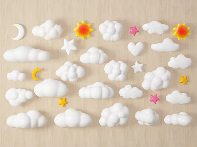 Cute Decorative Cloud Moon Sun Star Heart Ornaments On Wooden Surface 3d model