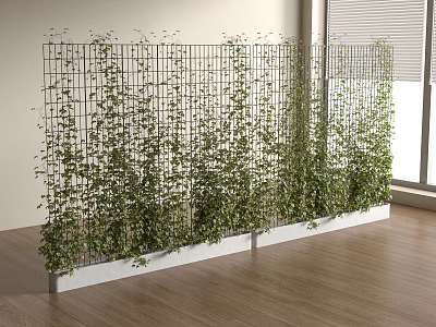 Indoor Vine Covered Grid Screen With Wooden Floor And Window View 3d model