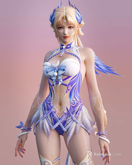 Game Movie Character With Golden Long Hair And Blue White Outfit With Intricate Patterns 3d model 