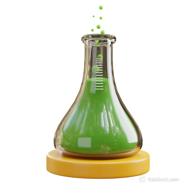 Laboratory Erlenmeyer Flask With Green Liquid And Rising Particles On Yellow Base 3d model 
