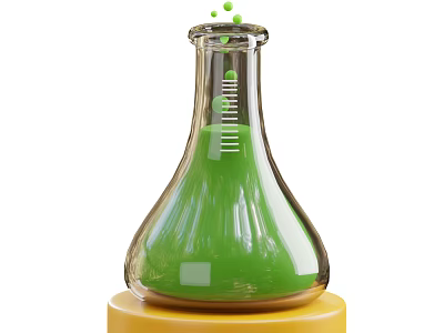 Laboratory Erlenmeyer Flask With Green Liquid And Rising Particles On Yellow Base 3d model