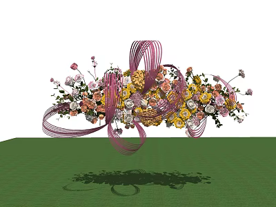 Artistic Floral Installation With Mixed Color Flowers Purple Ribbons And Decorative Design 3d model