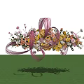 Artistic Floral Installation With Mixed Color Flowers Purple Ribbons And Decorative Design