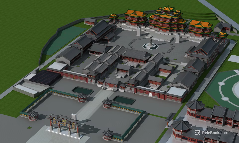 Ancient Chinese Architecture Complex With Yellow Roofs Courtyards And Open Squares 3d model 