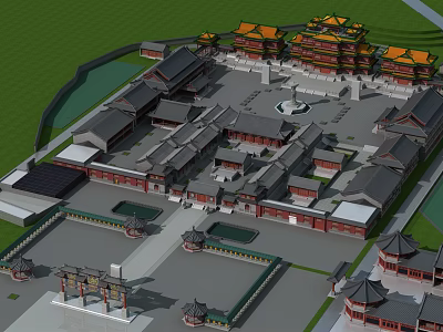 Ancient Chinese Architecture Complex With Yellow Roofs Courtyards And Open Squares 3d model