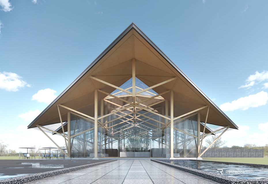 Modern Visitor Center With Triangular Roof Wooden Structure Glass Walls Front Walkway Water Pool 3d model 