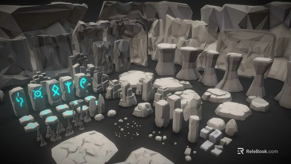 Low Poly 3D Models Featuring Rocks Pillars and Glowing Mystic Symbols 3d model 