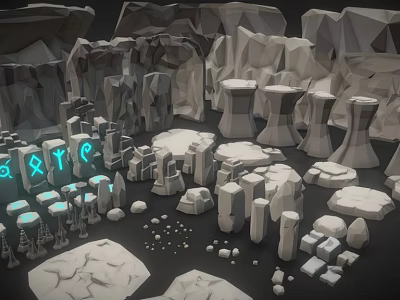 Low Poly 3D Models Featuring Rocks Pillars and Glowing Mystic Symbols 3d model