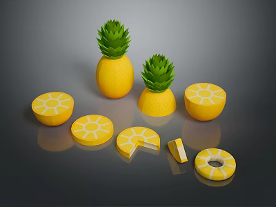 Fresh Whole Pineapples and Sliced Pieces with Green Tops on Dark Surface 3d model