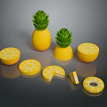 Fresh Whole Pineapples and Sliced Pieces with Green Tops on Dark Surface