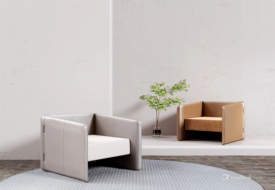 Light Gray And Brown Single Sofa With Green Plant In Modern Interior 3d model 