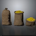 Three Burlap Sacks Two Open One Closed Filled With Yellow Food Grains On Dark Surface