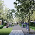 Serene Garden Landscape with Trees Lawn Wooden Deck and Outdoor Seating near High Rise Apartments