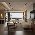 Elegant Modern Living Dining Room Interior With Beige Sofa Wooden Coffee Table And Decor