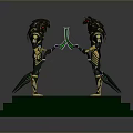 Egyptian Style Two Warrior Statues On Green Pedestal With Gold Black Details And Weapons