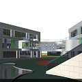 Modern School Building with Green Lawn Colorful Umbrella Structures Large Windows and Bright Exterior Design