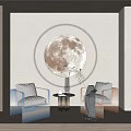Modern Casual Sofa Set With Acrylic Armchairs Circular Moon Decor And Green Plant