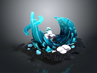 Blue Wave Shaped Scene Component With White Stones And Black Granular Base 3d model