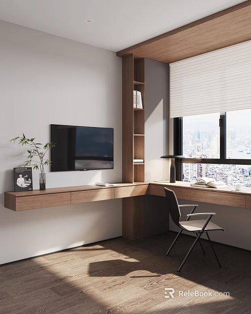 Modern Wooden Corner Desk With Wall Mounted TV Shelves Table Lamp And City View 3d model 