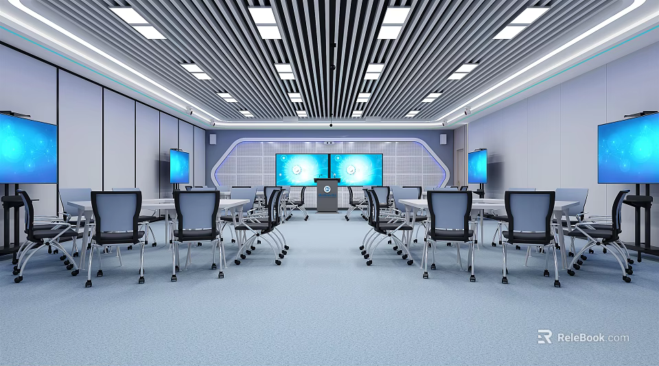School Modern Classroom Featuring Neatly Arranged Desks Chairs Large Screens And Ceiling Lights 3d model 