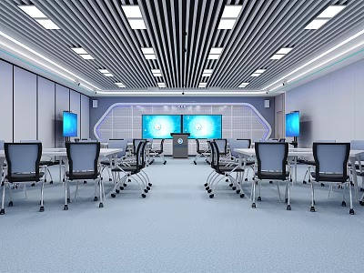 School Modern Classroom Featuring Neatly Arranged Desks Chairs Large Screens And Ceiling Lights 3d model