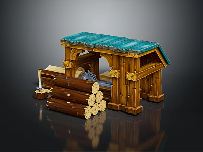 Cartoon Wooden Cabin Scene With Blue Roof And Stacked Wooden Logs 3d model