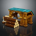 Cartoon Wooden Cabin Scene With Blue Roof And Stacked Wooden Logs