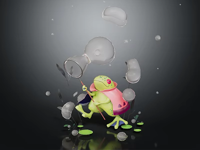 Green Frog Character Holding Net Surrounded by Transparent Bubbles Green Leaves and Water Droplets 3d model
