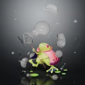 Green Frog Character Holding Net Surrounded by Transparent Bubbles Green Leaves and Water Droplets