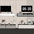 Modern TV Stand With TV Digital Clock Picture Frames Potted Plants And Drawers